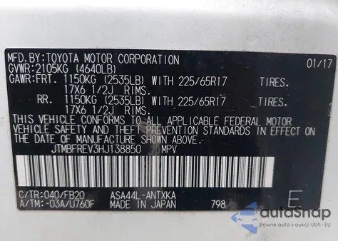 2017 Toyota Rav4 Le z USA, uszkodzony, nr VIN JTMBFREV3HJ138850